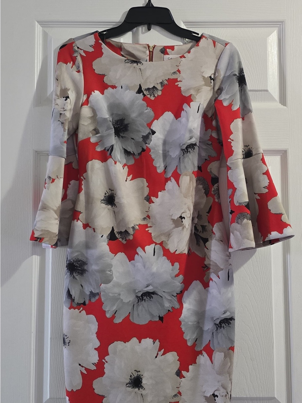 Calvin Klein Red Floral Shift Dress with Gray & White Blooms
